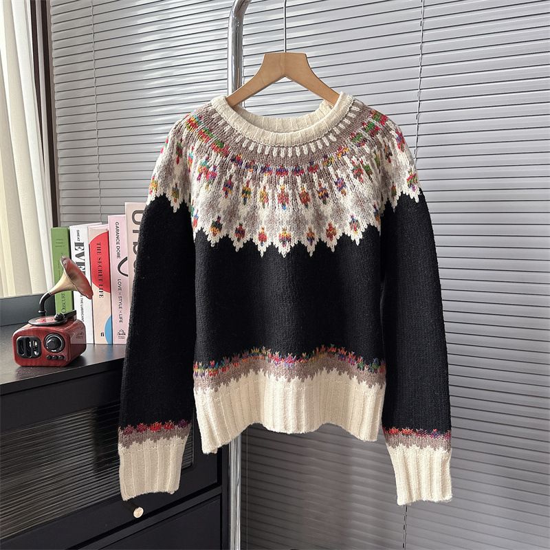 Damenbekleidung 2024 Herbst und Winter neuer Lazy Style lockerer Retro-Jacquard-Rundhalspullover Strickpullover_voghion.com