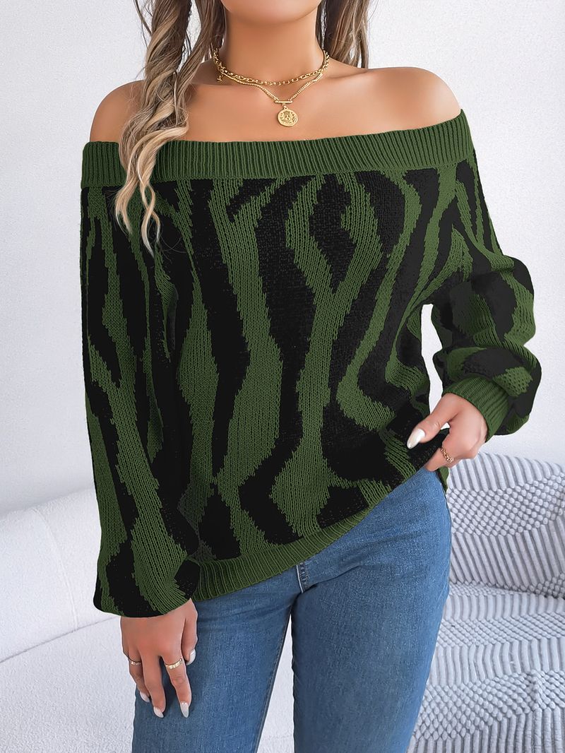 Women'S autumn and winter casual contrasting one-line collar off-shoulder lantern sleeve sweater clothing_voghion.com