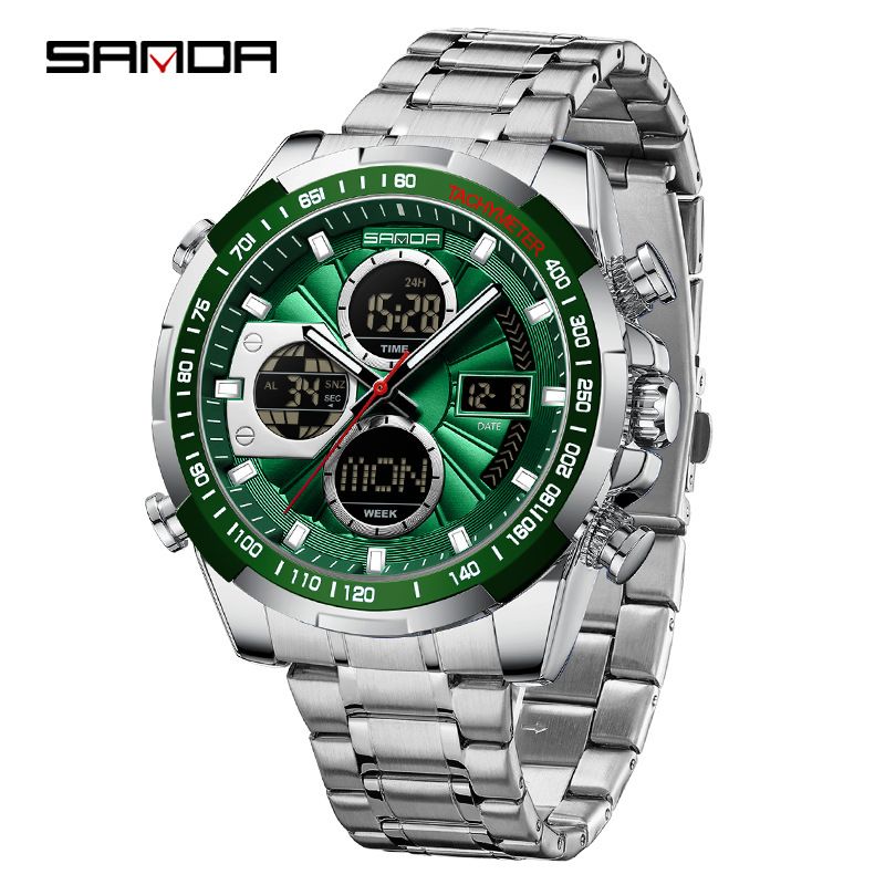 Men's Multifunctional Sports Watch With Countdown Timer, Luminous Display, Waterproof Steel Strap, And Dual Time Zone_voghion.com