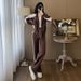 Women's Casual Two-Piece Outfit Set - Long Sleeve Top & Sport Pants, Comfortable Cotton Blend, Trendy 3D Print Design, Plus Size Available (Brown)_voghion.com