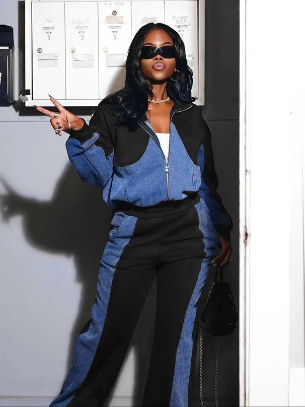 Dámské oblečení Podzimní a zimní Džínovina Patchworková bunda Kalhoty Dvoudílný oblek_voghion.com