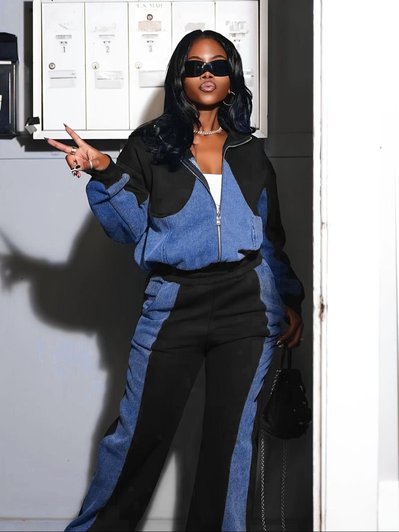 Costum de damă din denim cu model patchwork, toamnă și iarnă, costum din două piese, jachetă și pantaloni_voghion.com