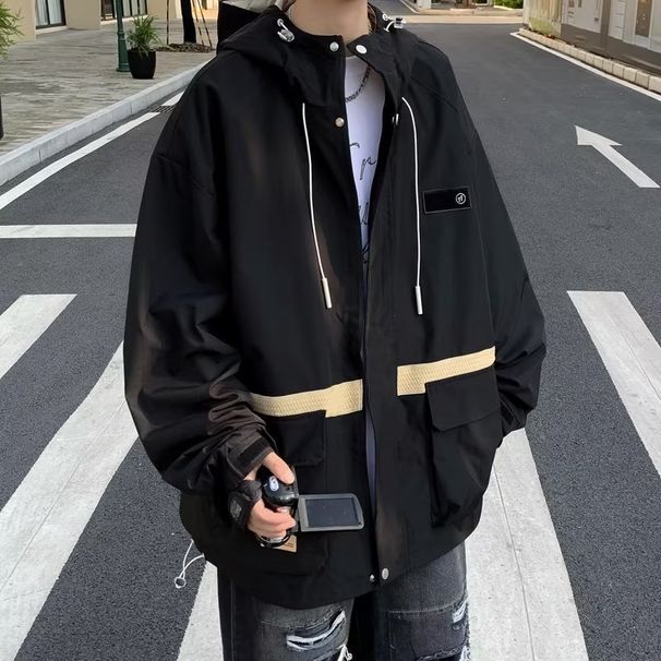 Men's Waterproof Windbreaker Jacket – Lightweight Hooded Outdoor Coat For Hiking & Streetwear (Black/Beige)_voghion.com