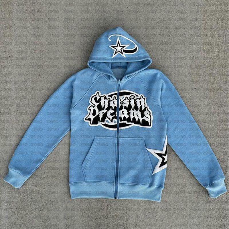 Vêtements pour hommes style hip hop streetwear sweat à capuche entièrement zippé lettre étoile imprimé pull style punk rétro veste_voghion.com