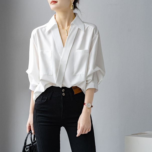 Camisa de design de manga média para mulheres, verão 2024, nova, solta, slim, bolso duplo, leve, luxo, top de alta qualidade_voghion.com