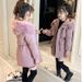 Cappotto lungo caldo foderato in pile per bambine - Parka invernale con cappuccio e collo alto, morbida imbottitura in poliestere, chiusura con cerniera (rosa/grigio, 120-160 cm)_voghion.com