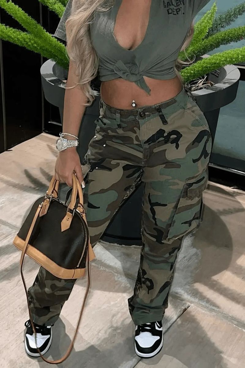 Damenbekleidung Hohe Taille Gerade Multi Color Camouflage Overalls_voghion.com