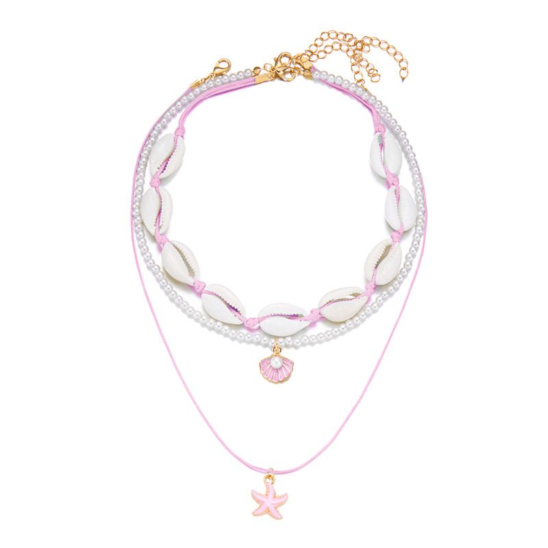 Dreireihige Halskette im europäischen und amerikanischen Bohème-Stil mit Seesternen, Muscheln, Schnecken und Perlen – perfekt für den Sommer_voghion.com