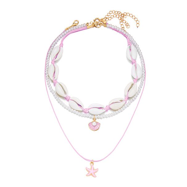 Dreireihige Halskette im europäischen und amerikanischen Bohème-Stil mit Seesternen, Muscheln, Schnecken und Perlen – perfekt für den Sommer_voghion.com