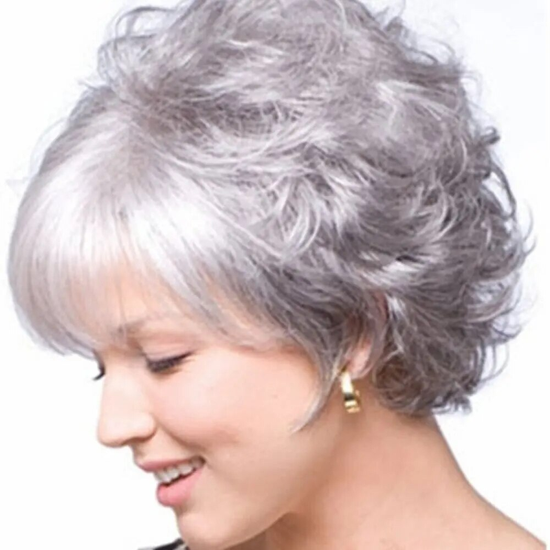 Synthetische Perücke Modische kurze Haare für Damen mit schrägem Pony, mittleres und älteres lockiges Haar_voghion.com