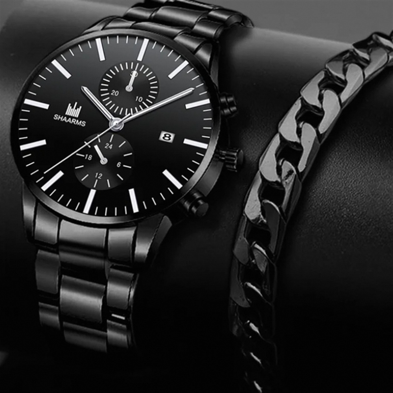 Herrenuhren Herren Stahlband Uhr Mode Business Kalender Quarzuhr Set Herren_voghion.com