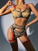 Neues dreiteiliges Strumpfband aus Camouflage-Netzgewebe mit Beinring, sexy Dessous-Set_voghion.com
