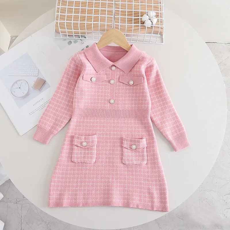 Robe pull tricotée à petits carreaux pour enfants, nouvelle collection automne/hiver, vent parfumé, poche à carreaux, trésor pour femmes_voghion.com