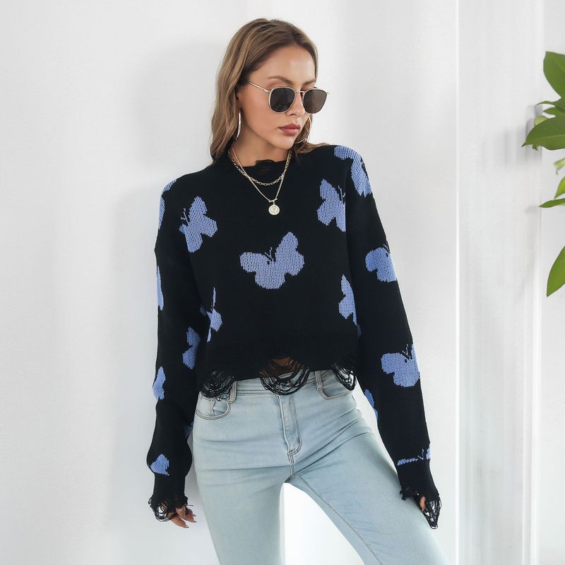 Maglione corto da donna in jacquard a farfalla strappata autunno e inverno a maniche lunghe_voghion.com