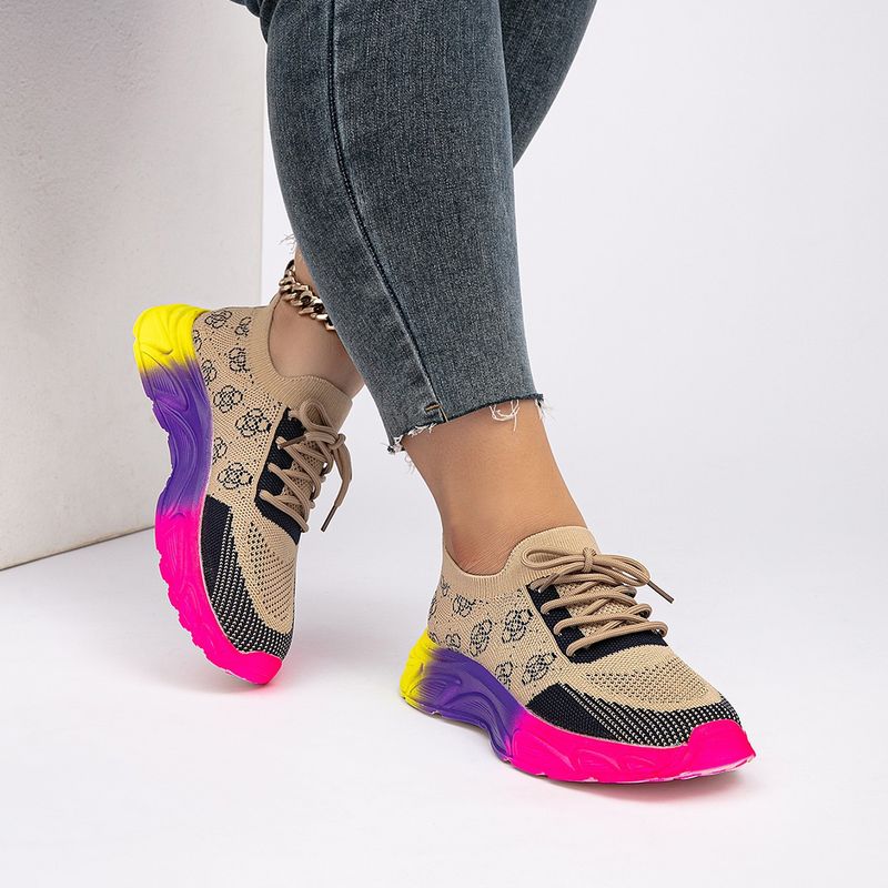 New fall low top rainbow bottom matching color round head flat fly knit sneakers_voghion.com