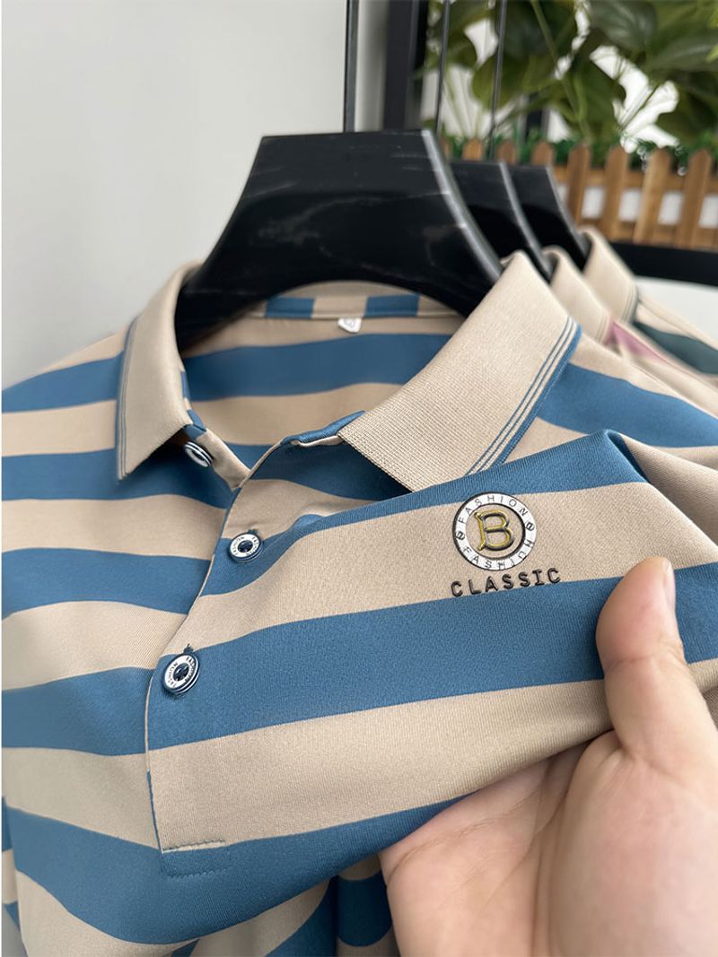 New 2024 Men Summer Brand Letter Printed Short Sleeved Striped Lapel Polo Shirt Soft Tops Men's Wear Men's Clothing Ropa Hombre_voghion.com