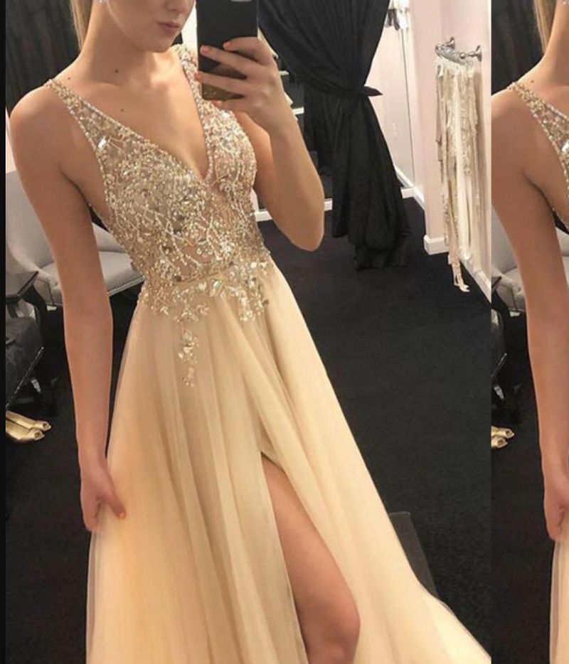 Women's Clothing Shiny evening dress 2024 summer golden V-neck stitching dress party evening dress_voghion.com
