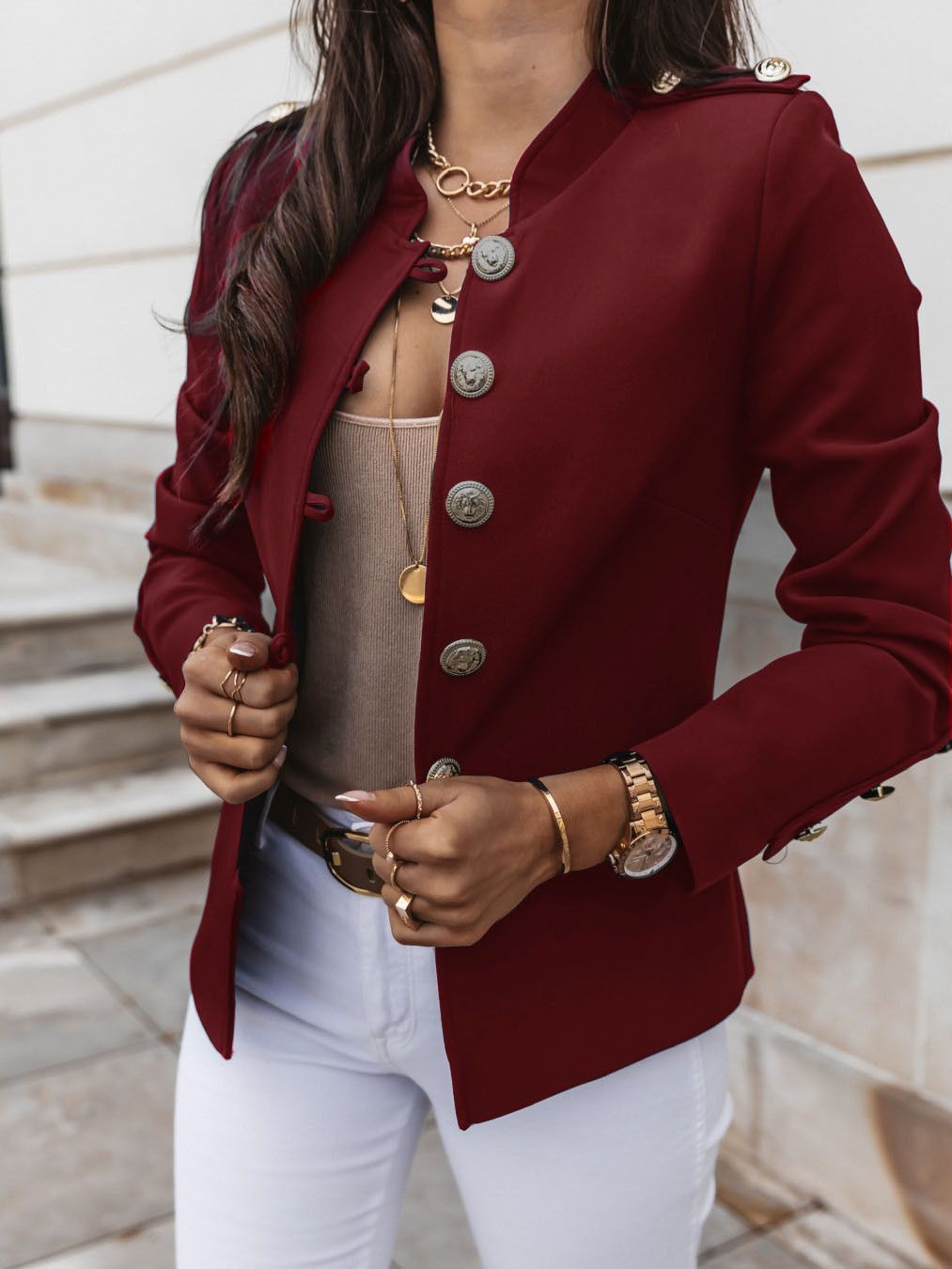 Blazer à manches longues et coupe ajustée pour femme - Veste décontractée à simple boutonnage - Mélange de coton stretch confortable - Plusieurs couleurs_voghion.com