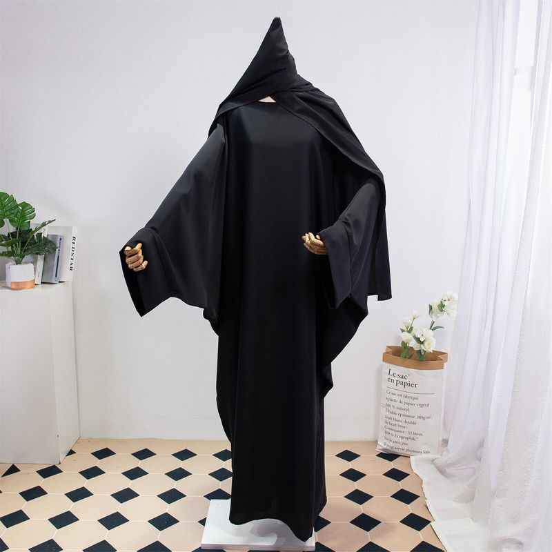 Damenbekleidung Einfarbiges arabisches Kleid Weiblich Mit Kopftuch Robe Abaya Lässige Lose Robe Mit Fledermausärmeln_voghion.com