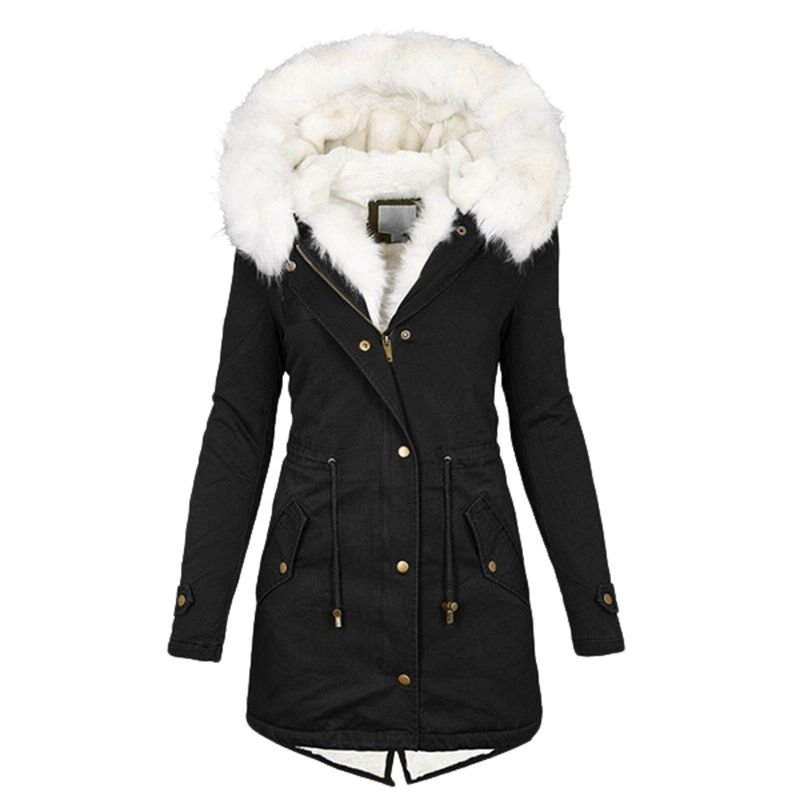 Vêtements pour femmes coupe-vent mi-long automne et hiver pour femmes col en fourrure blanche à capuche manteau chaud plus velours pour femmes_voghion.com