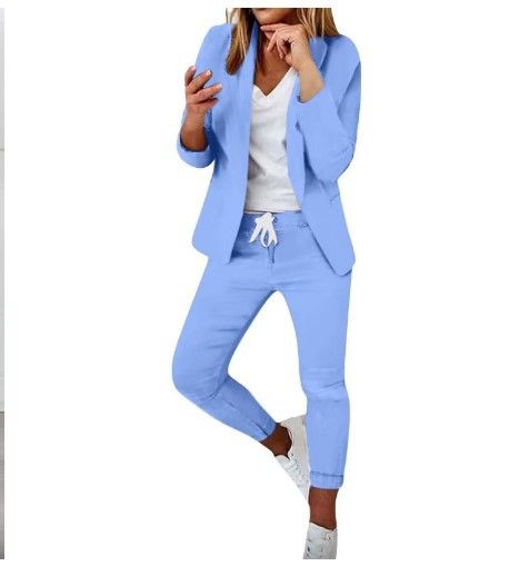 Stylowa damska niebieska marynarka z długim rękawem i otwartym przodem, kardigan w jednolitym kolorze, strój biurowy, swobodny i elegancki_voghion.com