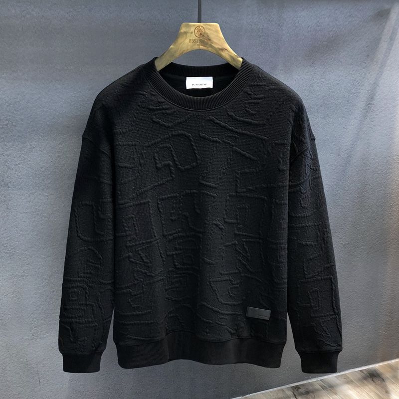 Herrkläder textur jacquard tung tröja med rund hals, ny stil på våren och hösten, moderiktig, mångsidig långärmad skjorta_voghion.com