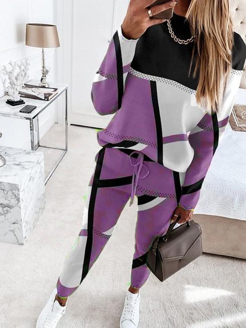 Høst og vinter ny damemode med fargematchende trykt langermet casual damedress_voghion.com