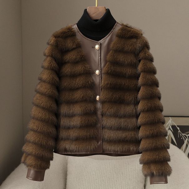 Cappotto in pelliccia sintetica da donna - Lunghezza corta, scollo rotondo, texture in velluto ecologico (blu argento, beige, marrone) - Taglia piccola per 40-50 kg_voghion.com