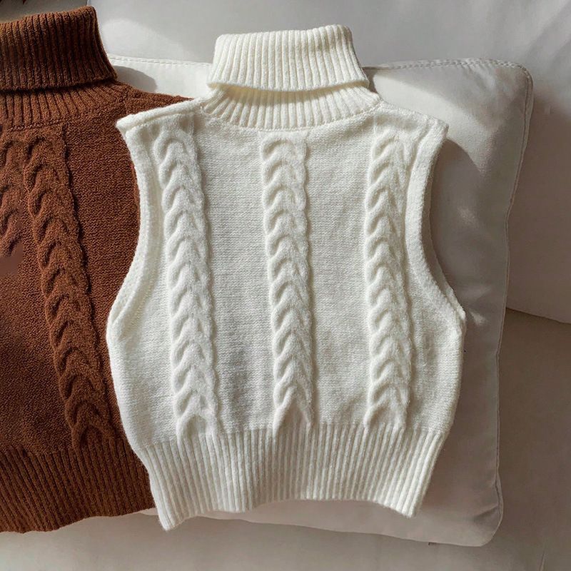 Gilet in maglia senza maniche con collo alto e stile coreano da donna - Capo versatile da indossare a strati per autunno inverno, bianco e marrone_voghion.com