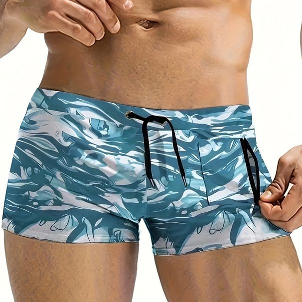 Herrenbekleidung Neue blaue Camouflage-Print-Reißverschluss-Leine mit vier Ecken für Herren-Bade-Strandhose_voghion.com