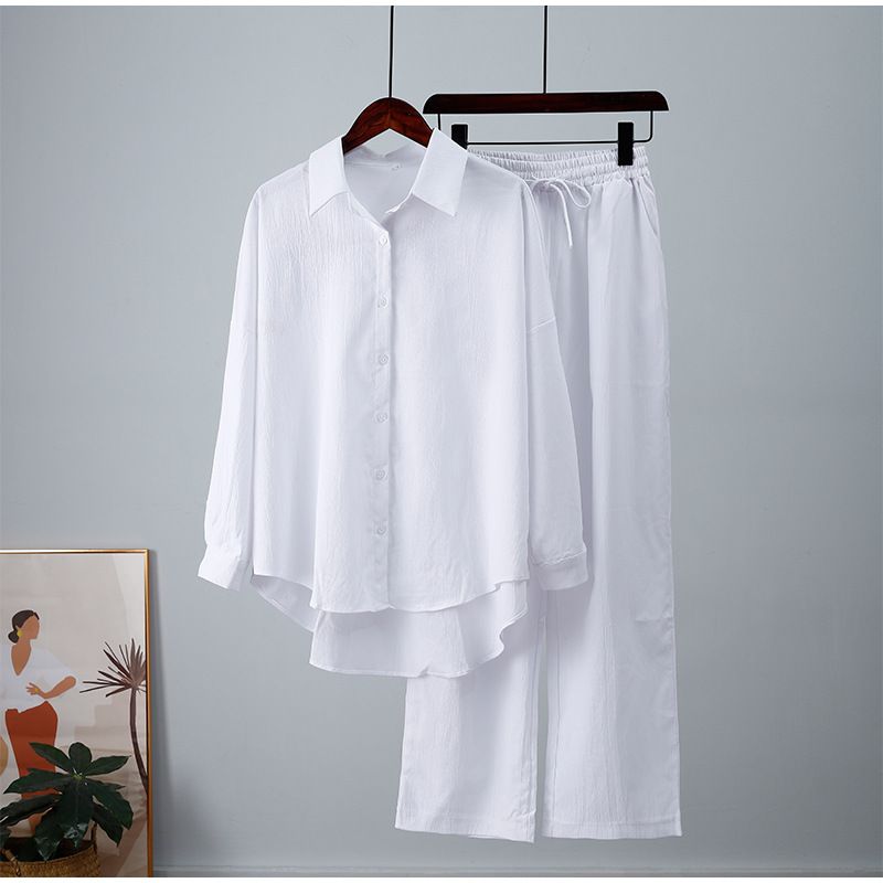 Weite Beinhose Set Zweiteiliges Set Herbst Damen Vintage Maxi Shirt Anzug Stylisches Set Lässige lockere Arbeit Streetwear Y2k Urlaubsoutfits_voghion.com