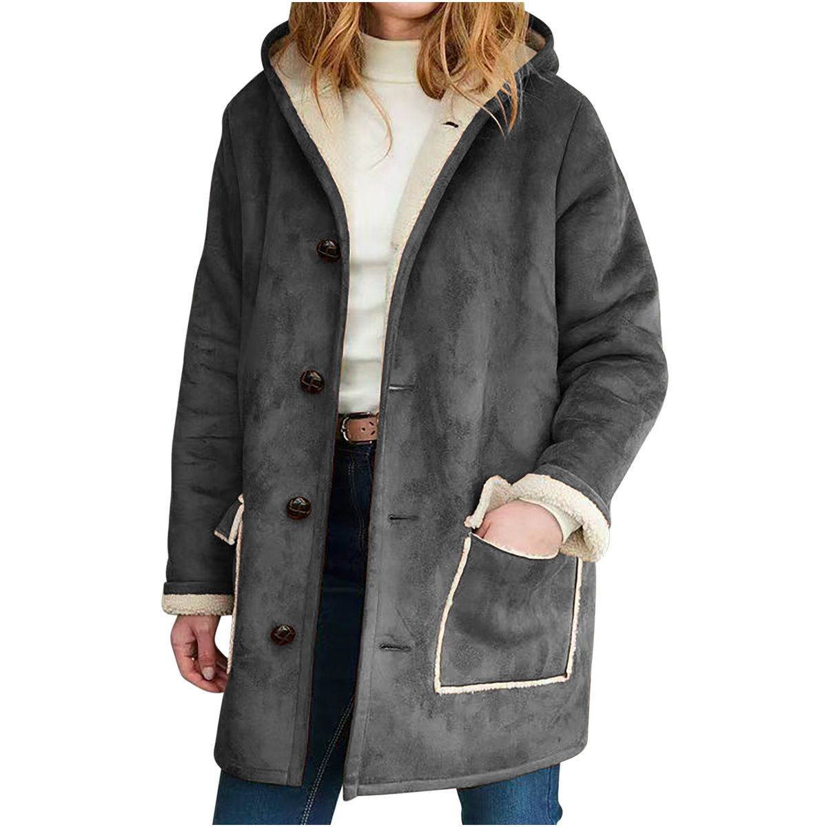 Abbigliamento da donna, giacca con cappuccio in pelle scamosciata retrò tinta unita, autunno e inverno, felpa con cappuccio in peluche larga a maniche lunghe_voghion.com