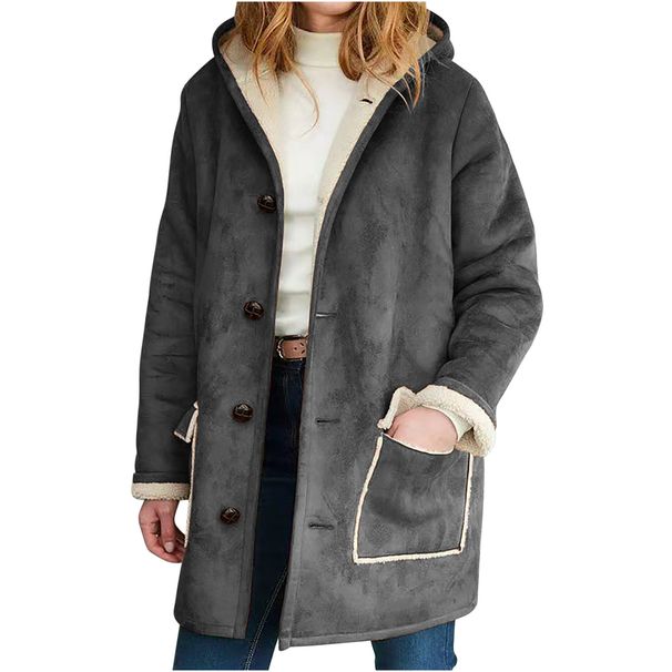 Abbigliamento da donna, giacca con cappuccio in pelle scamosciata retrò tinta unita, autunno e inverno, felpa con cappuccio in peluche larga a maniche lunghe_voghion.com