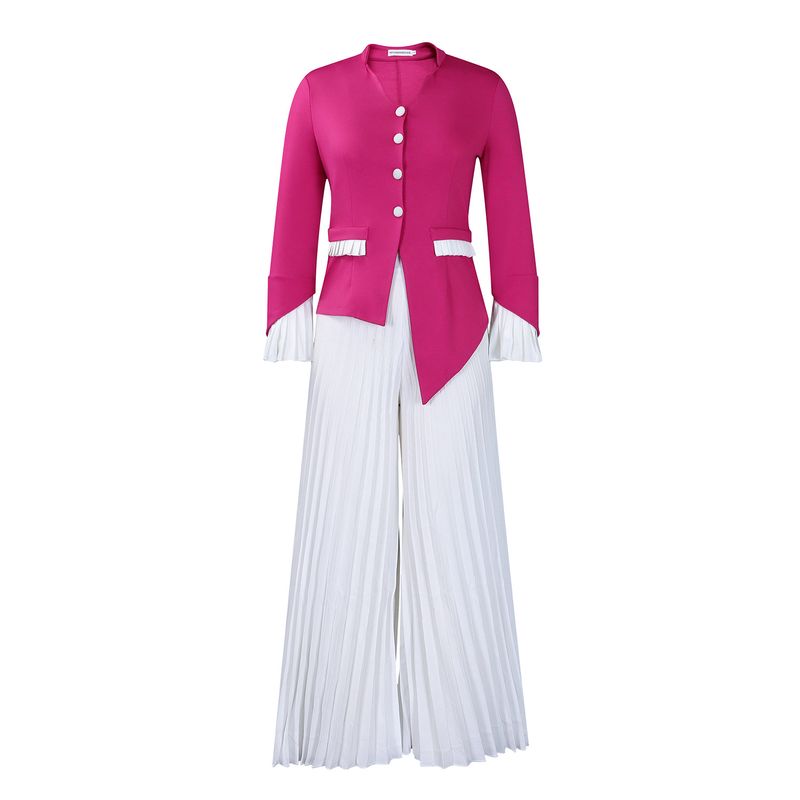 Vêtements pour femmes printemps nouvelle mode haut à manches trompette plissé pantalon large costume costume africain deux pièces_voghion.com