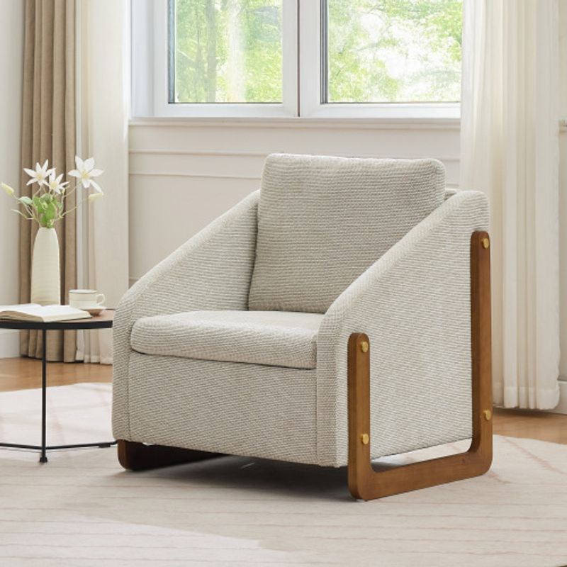 057 Sessel, Akzentstuhl Für Wohnzimmer, Loungesessel, Moderner Stuhl Mit Armlehne Aus Holz, Mit Rückenkissen, Beiger Chenillestoff, 73,5*73,5*73,5 Cm, lot de 1_voghion.com