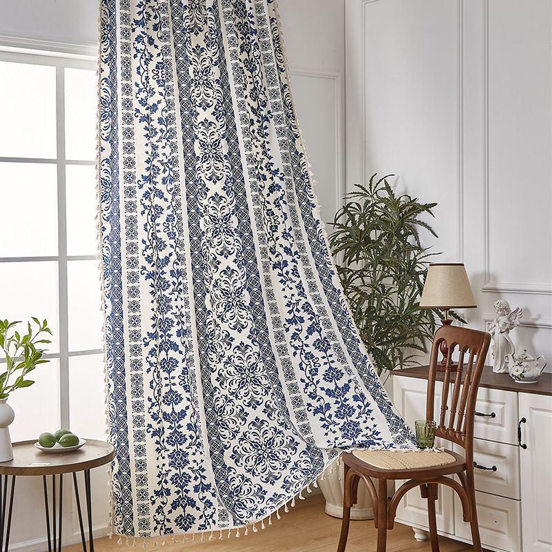 Cortina de algodão e linho vintage azul e branco - Cortina semitransparente para porta de cozinha com bolso para haste, pronta para janela saliente_voghion.com