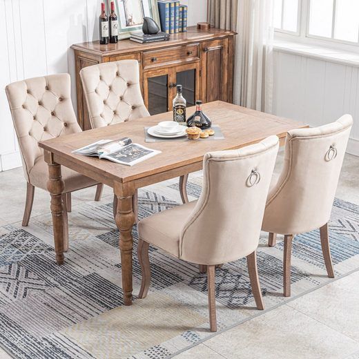 4-Fußstuhl, Stuhl Beige Samt Esszimmerstuhl,hohe Rückenlehne, Mit Knopfsteppung, Gestell Aus Massivholz, Beige(Set, 4 St)_voghion.com