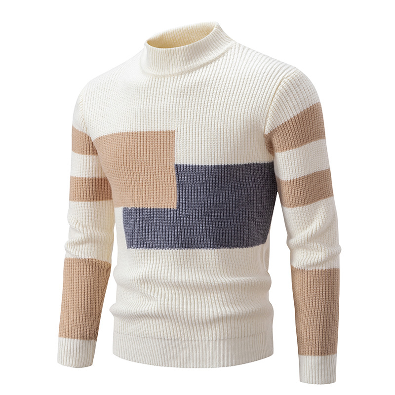  Herrenpullover für Herbst und Winter, gestreift, kontrastfarben, trendiger Pullover, halber Rollkragenpullover_voghion.com