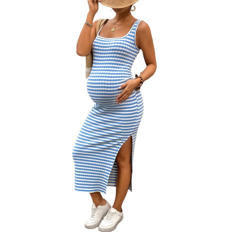 Robe de maternité moulante et sexy à col carré et rayures, fendue sur le côté, sans manches, à la taille_voghion.com