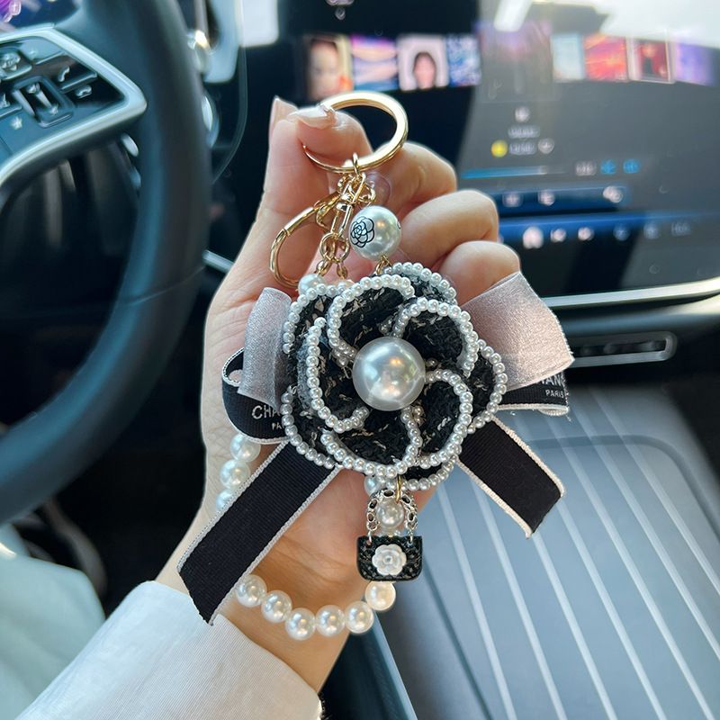 Creative Camellia Bow Bag Pendant Fashion Pearl Chain Korean Style Car Keychain Women's Ring_voghion.com