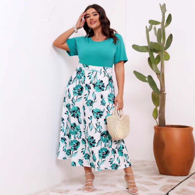 Women's Clothing Plus Size Elegant Printed Stitching Round Neck Waist Large Swing Dress_voghion.com