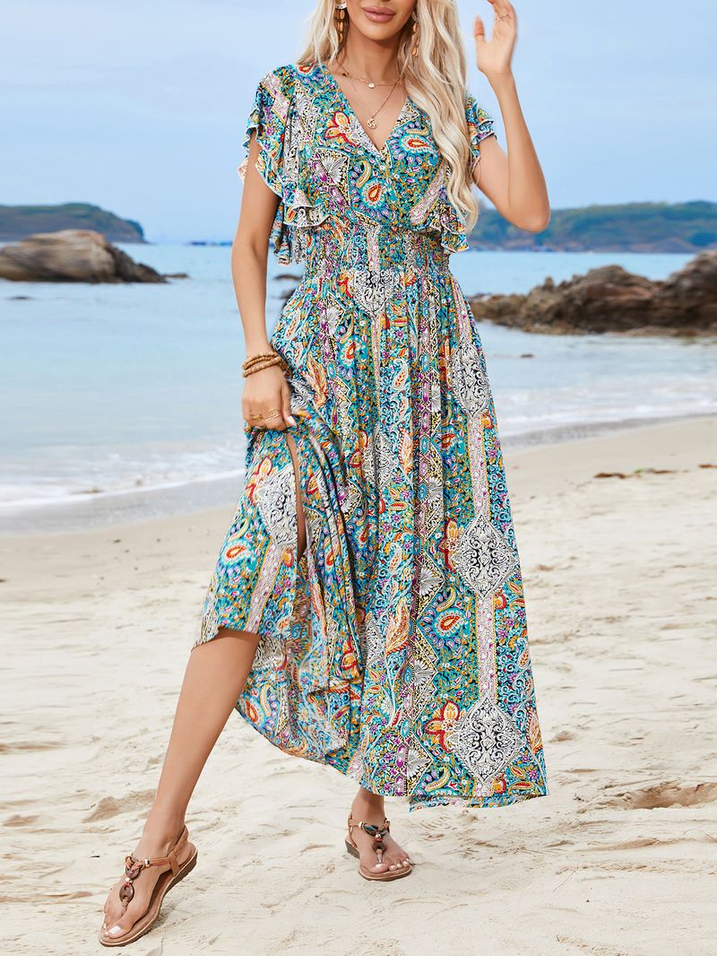 Abito da donna 2024 maxi abito stampato con scollo a V in vita temperamento commercio estero estivo 2024_voghion.com