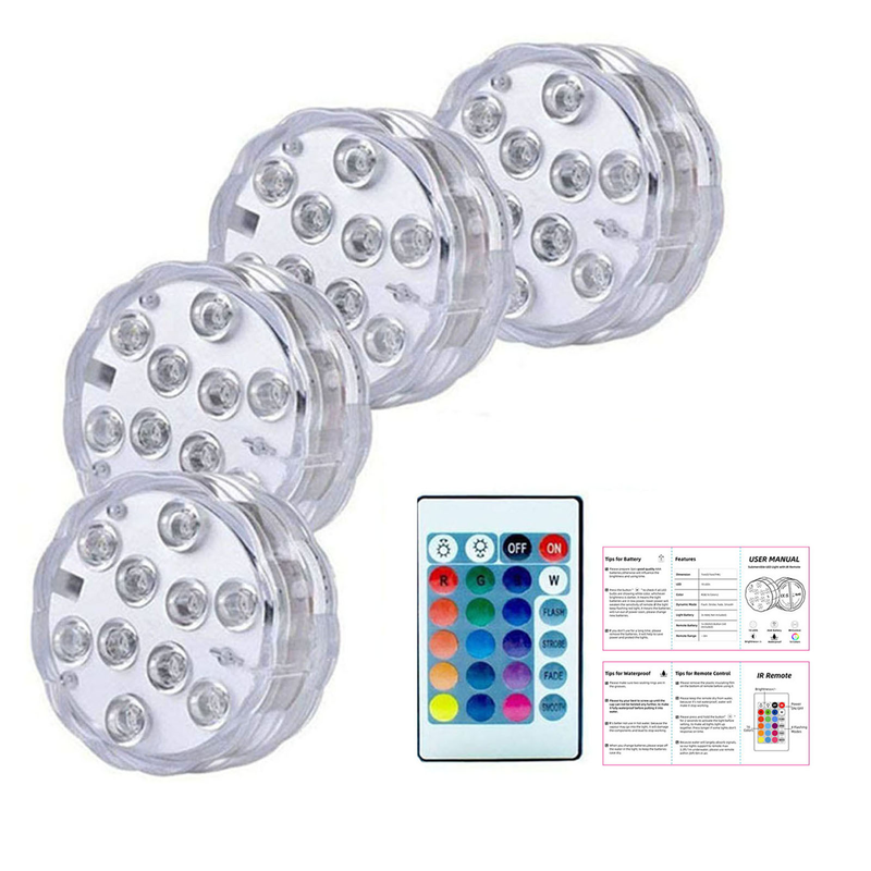 4 Stück Pool-Tauchlichter mit Fernbedienung, 10 LEDs, bunte Lichtbeleuchtung, Unterwasser-Tauch-Aquarium-LED-Lampe, Pool-Dekoration_voghion.com