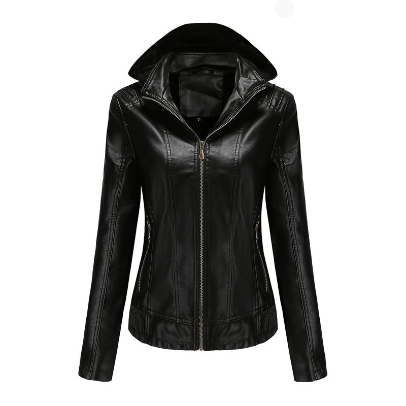 Damenbekleidung Herbst und Winter Lederjacke mit Kapuze, abnehmbarer Hut, Reißverschluss, langärmelig, Plus-Fleece-Lederjacke_voghion.com