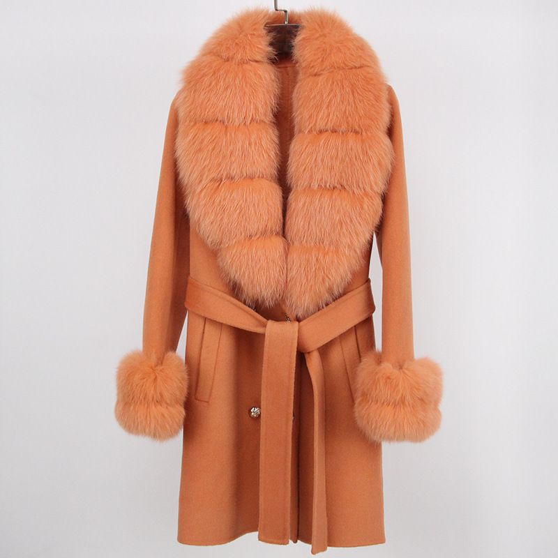 Manteau en cachemire double face haut de gamme pour femme, mi-long, automne et hiver, nouveau manteau en laine slim avec col en fourrure de renard_voghion.com