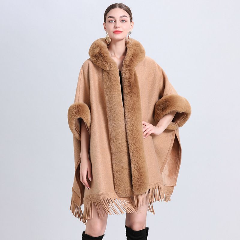 Plaid and fleece knitted shawl with thick fur collar cape lady's woolen shawl coat_voghion.com