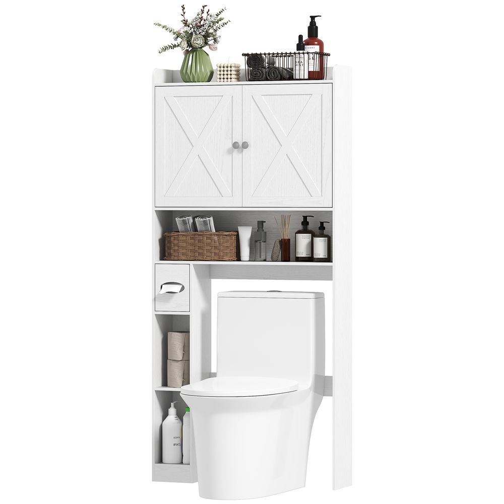 HOMCOM Farmhouse Over The Toilet Cabinet With Barn Doors, Over The Toilet Storage Cabinet With Adjustable Shelf, White_voghion.com