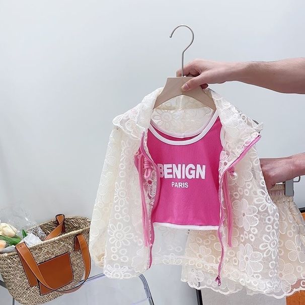 Mother & Kids 2024 new style girls summer suit baby girl short-sleeved T-shirt stylish children's summer sun protection clothing three-piece suit_voghion.com