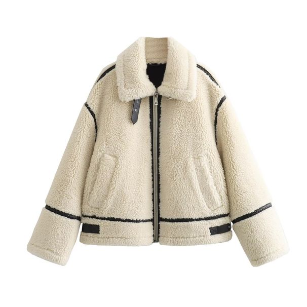 Women's Faux Shearling Bomber Jacket With Cozy Fleece Lining, Stylish Zip-Up Winter Coat For Casual & Streetwear, Lightweight & Warm_voghion.com