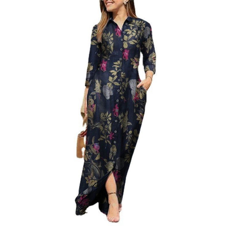 Damenbekleidung Damen Urlaub Casual Revers Langarm Robe Lange Blumendruck Baumwollkleid Knopfhemd Lang_voghion.com